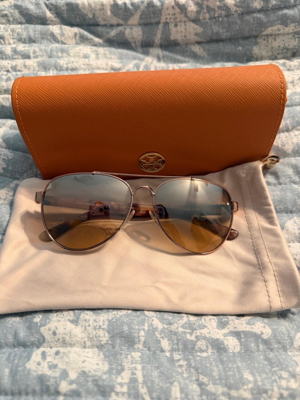 Tory Burch Gold Aviator Sunglasses with Orange Case